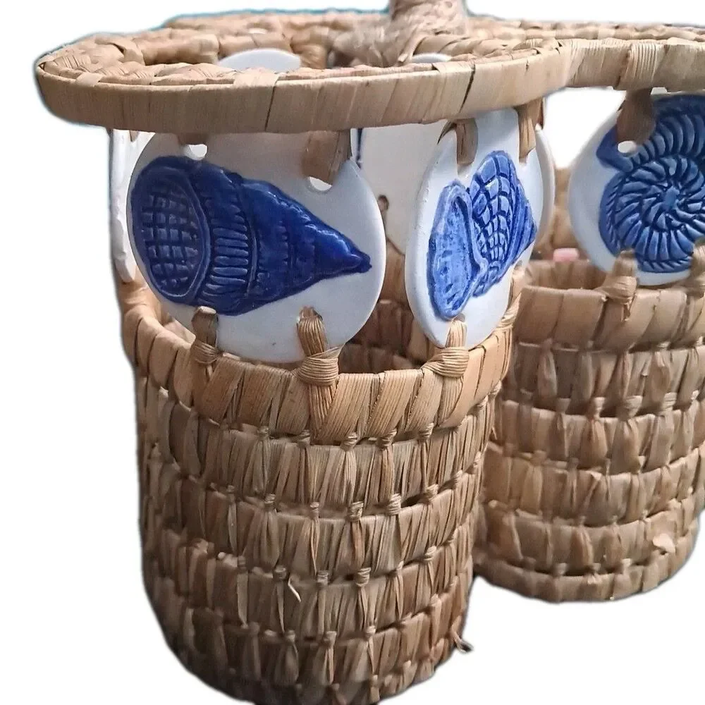 Wicker 3-Bottle Wine Oil Caddy Nautical Seagrass Shell Jute Handle Handmade VTG